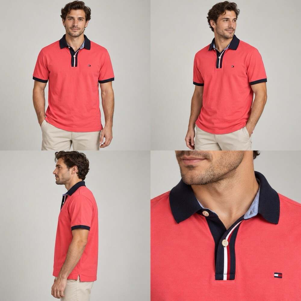 Tommy Hilfiger Polo Shirt Mens XL Coral Pink Navy Contrast Collar Flag Logo
